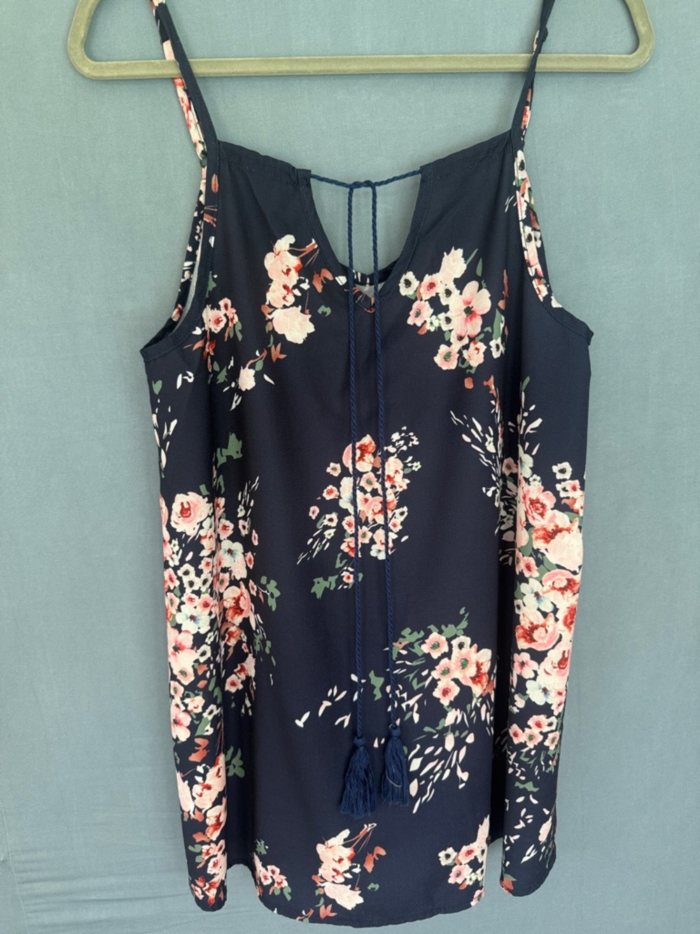Navy Floral Tassel Tie Spaghetti Strap Tank
